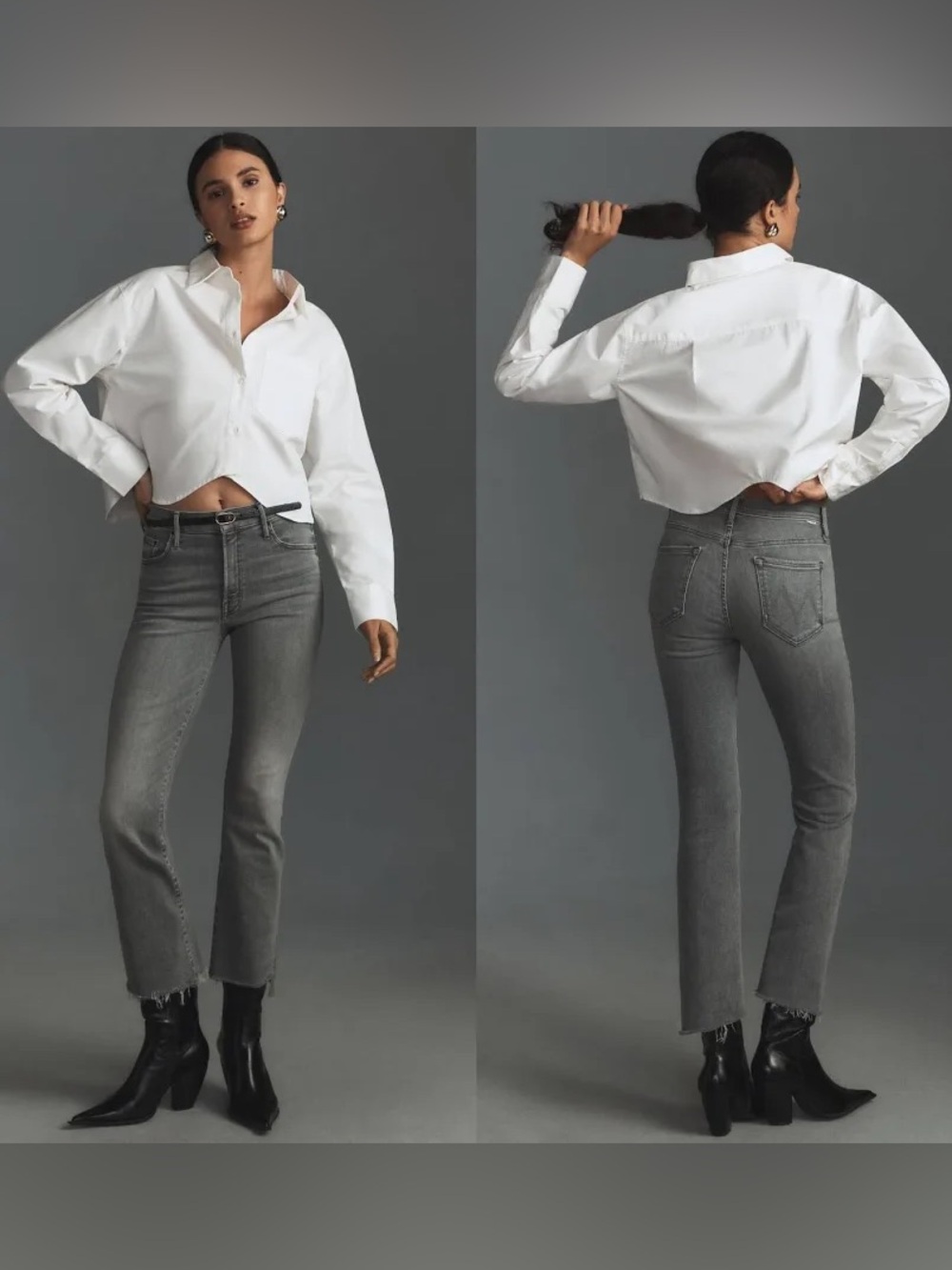 MOTHER Gray Insider Crop Step Fray High-Rise Flare Jeans
